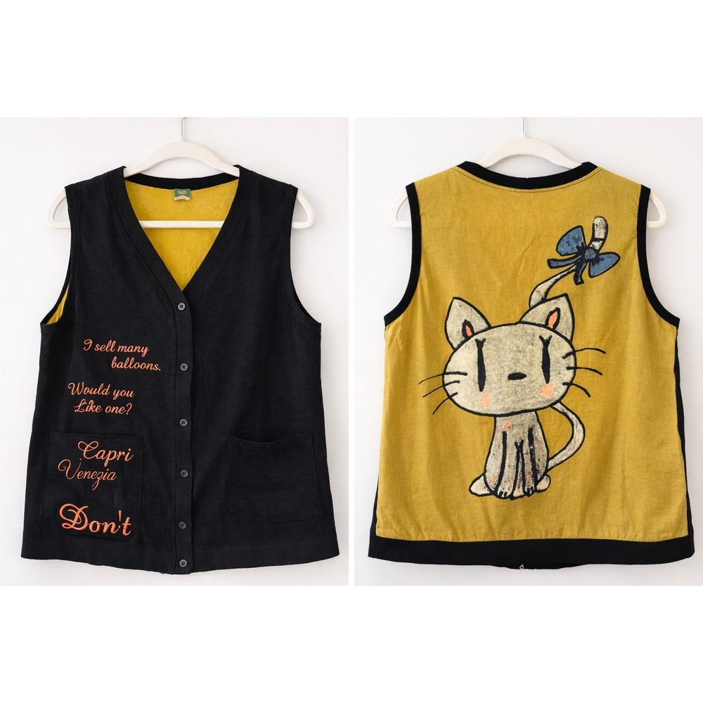Wearable Art Cat Vest‎ Whimsical Folk Art Graphic Boho Artist Statement Top